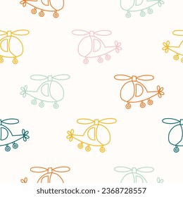 Cartoon flying helicopters and clouds seamless children pattern. Cute air transport in the sky. Vector illustration for a boy and a girl in Scandinavian style. Toy air transport.