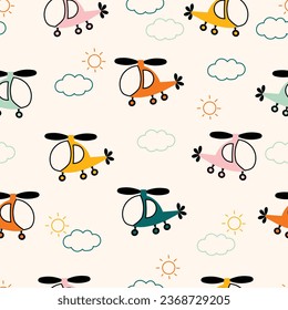 Cartoon flying helicopters and clouds seamless children pattern. Cute air transport in the sky. Vector illustration for a boy and a girl in Scandinavian style. Toy air transport.