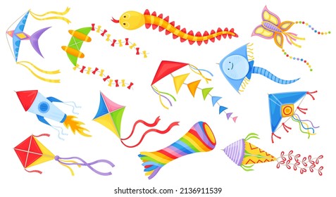 Cartoon Flying Kites In Various Shapes, Colorful Kids Wind Toys. Butterfly, Diamond Kite For Festival, Outdoor Summer Activity Vector Set. Childhood Leisure Entertainment, Isolated Paper Kites