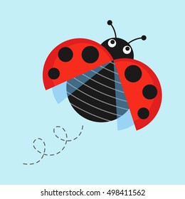 Cartoon flying ladybug on a blue background vector illustration. Funny ladybug in flight in a flat style. Isolated Icon jolly bug or insect. 