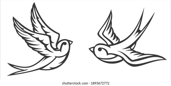 Cartoon flying monochrome swallow isolated on white background. Design bird in retro vintage style for old school tattoo, label, poster. Vector illustration.