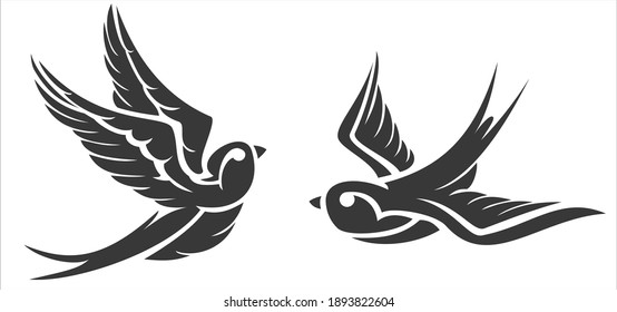 Cartoon flying monochrome swallow isolated on white background. Design bird in retro vintage style for old school tattoo, label, poster. Vector illustration.