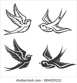 Cartoon flying monochrome swallow isolated on white background. Design bird in retro vintage style for old school tattoo, label, poster. Vector illustration.