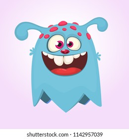 Cartoon flying monster. Happy Halloween blue monster head with red dots