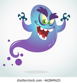 Cartoon flying monster. Vector Halloween illustration of smiling purple ghost with hands up