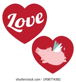 Cartoon Flying pig. Red heart, vector illustration.