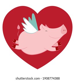 Cartoon Flying pig. Red heart, vector illustration.