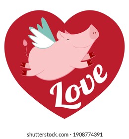 Cartoon Flying pig. Red heart, vector illustration.