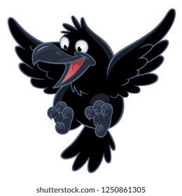 Cartoon flying raven on the white background. 