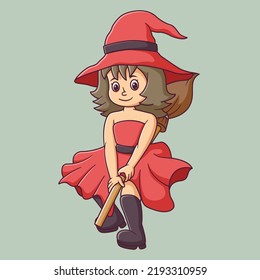 Cartoon Flying red witch riding a broom. Witch Mascot Cartoon Character. Halloween Icon Concept White Isolated. Flat Cartoon Style Suitable for Web Landing Page, Banner, Flyer, Sticker, Card