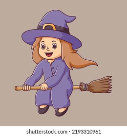 Cartoon Flying red witch riding a broom. Witch Mascot Cartoon Character. Halloween Icon Concept White Isolated. Flat Cartoon Style Suitable for Web Landing Page, Banner, Flyer, Sticker, Card