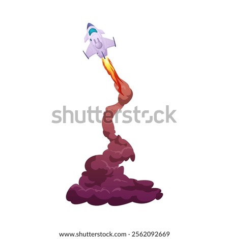 Cartoon flying rocket with curve flame trail, shuttle launch vector illustration. Plume spaceship flight smoke trail, exhaust steam. Space shuttle or missile launching fiery gas or vapor trace