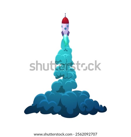 Cartoon flying rocket with flame trail, shuttle launch vector illustration. Blue plume spaceship smoke trail, missile launching gas or vapor trace. Jet aircraft start speed blast, exhaust steam