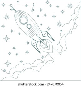 Cartoon Flying Rocket with Illyuminotor and Flames from the Engine in the Sky with stars. 