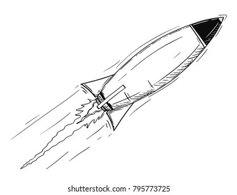 Cartoon of flying rocket or space ship. Concept of technology and science.