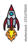 Cartoon Flying Rocket Spaceship Logo. Vector illustration of space craft on transparent white background. Clipart of Rocketship blasting off or take off. Astronaut cosmos sticker. Simple retro spaceship icon. EPS 10.

