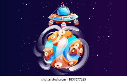 Cartoon flying saucer on the planet vector illustration. Spaseship in outer space with meteorite. Cosmic flying objects among bright stars on cosmos background. Objects from cartoon space game