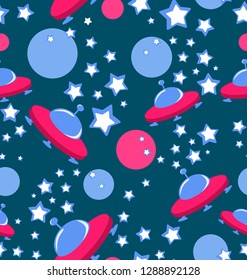 Cartoon flying saucer in outer space. Cute UFO. Seamless pattern with aliens and stars. Universe. Space trip. Design for fabric, napkin, wrapping paper, background for thematic children's site.