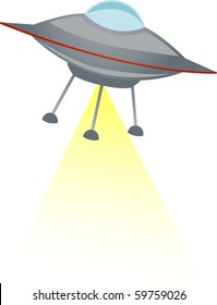 Cartoon flying saucer spaceship shoots yellow transparent beam down