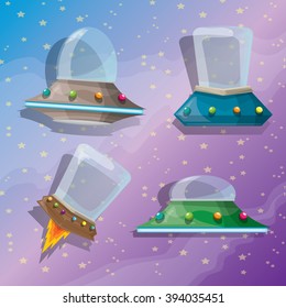 cartoon Flying Saucer, cartoon Spaceship. vector cartoon UFO Set.
