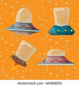 cartoon Flying Saucer, cartoon Spaceship. vector cartoon UFO Set.