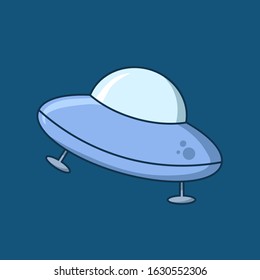 Cartoon flying saucer, ufo starship. Flat vector illustration on blue background.