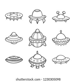 Cartoon flying saucers hand drawn outline illustrations set. Cute UFO. Space shuttle cliparts. Doodle spaceship. Aliens. Spacecraft sticker. Cosmic icon. Isolated vector design element