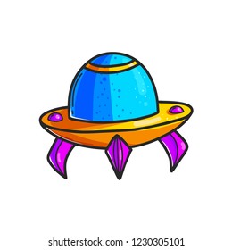 Cartoon flying saucers hand drawn color illustration. Cute UFO. Space shuttle cliparts. Doodle spaceship. Aliens. Spacecraft sticker. Cosmic patch. Isolated vector design element