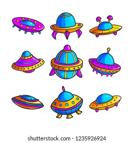 Cartoon flying saucers hand drawn color illustrations set. Cute UFO. Space shuttles cliparts. Doodle spaceships. Aliens. Spacecraft stickers. Cosmic patches collection. Isolated vector design elements