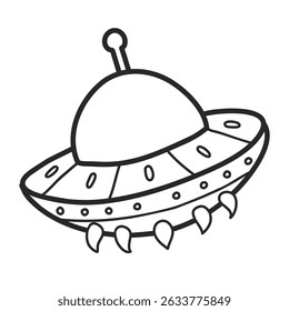 Cartoon flying saucers hand drawn outline illustrations set. Cute UFO