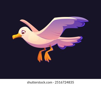 Cartoon flying seagull character in mid-flight with its wings spread wide, catching the wind, and legs extended. Isolated vector agile bird soars in the air, embodies the spirit of coastal freedom