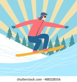 Cartoon flying snowboarder on ski resort. Winter illustration for your design.