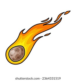 Cometa espacial volador de dibujos animados. Meteorito en caída con cola de fuego. Ilustración aislada del meteorito vectorial colorida con rastro de llama sobre fondo blanco. Cuerpo celestial. Clipart de color sobre un tema cosmos.