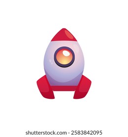 Cartoon flying space rocket or spaceship vector flat illustration. Childish cute cosmos shuttle toy with porthole. Astronomy technology object isolated on white. Start up symbol