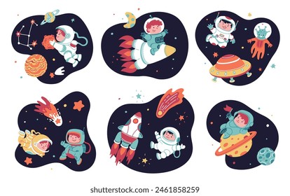 Cartoon flying spaceship, astronaut kid and alien, constellation, comet and planets in space vector illustrations set. Astronomy science. Cute galaxy adventure in the stars, constellation