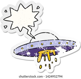 desenhos animados voando UFO com bolha de fala angustiado velho adesivo