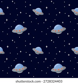 Cartoon fliegende UFOs nahtloses Muster auf dunkelblauem Hintergrund