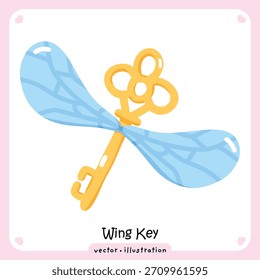Cartoon Flying Wing Key Vector Illustration. Magical Golden Key with Blue Feathery Wings. Enchanted Fantasy Clipart.