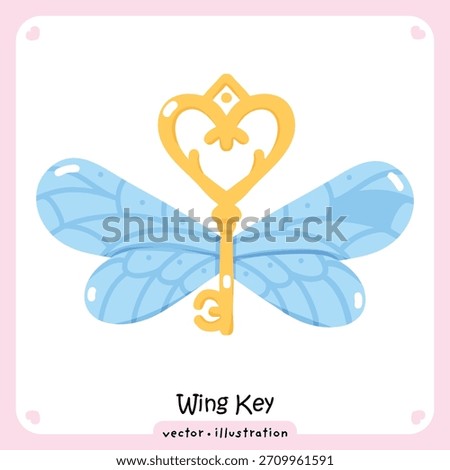 Cartoon Flying Wing Key Vector Illustration. Magical Golden Key with Blue Feathery Wings. Enchanted Fantasy Clipart.