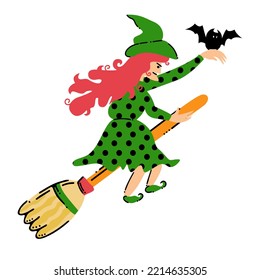 Cartoon flying witch on a broomstick with bat. Vector illustration for Halloween. Hand drawn decorative design element for flyer, invitation card, poster, banner isolated on white background.