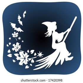 Cartoon flying witch on a dark background. Halloween illustration.