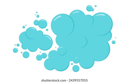 Cartoon foam, blue drop and cloud, soap bubble icon, water ball, bath shampoo suds. Wash, laundry, clean underwater isolated on white background. Soda, carbonated fun vector illustration