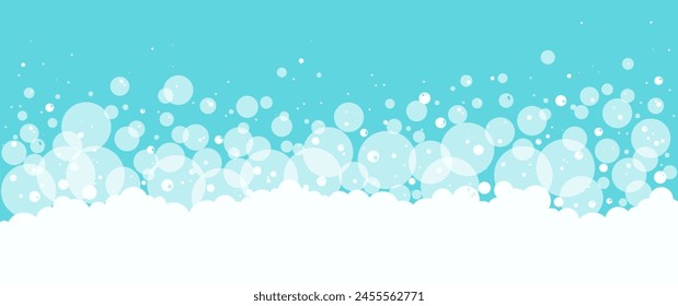 Cartoon foam bubble background, bath soap border, blue shower water pattern, laundry white suds. Abstract washing vector illustration