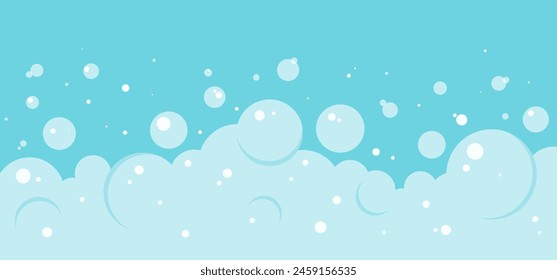 Cartoon foam bubble background,  bath soap border, blue shower water pattern, laundry transparent suds. Wash vector frame. Abstract liquid illustration