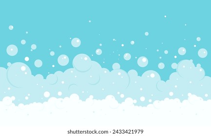 Fondo azul de la burbuja de la espuma de la historieta, marco del jabón de baño, patrón del agua de la ducha, espuma transparente de la ropa. Ilustración abstracta del vector del lavado