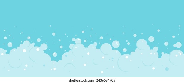 Cartoon foam bubble blue background, bath soap border, shower water pattern, laundry transparent suds. Wash vector frame. Abstract illustration