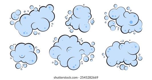 Burbuja de espuma de dibujos animados, jabón, nube azul, baño y agua, icono de lavandería, espuma de soda, gas o humo conjunto aislado sobre fondo blanco. Ilustración vectorial de lavado