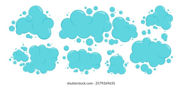Cartoon foam bubble, soap suds, blue water cloud, clear drop splash, air and shampoo ball. Wash, laundry, clean underwater set. Soda, carbonated fun isolated on white background. Vector illustration
