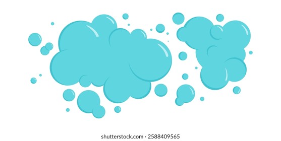Cartoon foam bubble, soap suds, blue water cloud, clear drop splash, air and shampoo ball. Wash, laundry, clean underwater. Soda, carbonated fun icon isolated on white background. Vector illustration