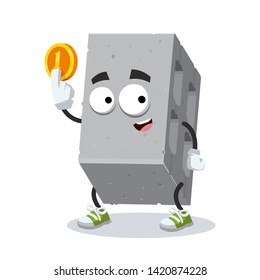 cartoon foam concrete construction block mascot keeps the coin on white background